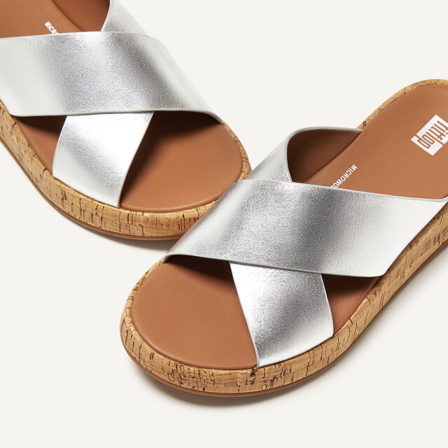 FitFlop F-mode metallic leather/cork flatform cross slides FT8 large