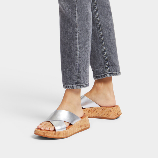 FitFlop F-mode metallic leather/cork flatform cross slides FT8 large
