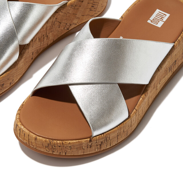 FitFlop F-mode metallic leather/cork flatform cross slides FT8 large