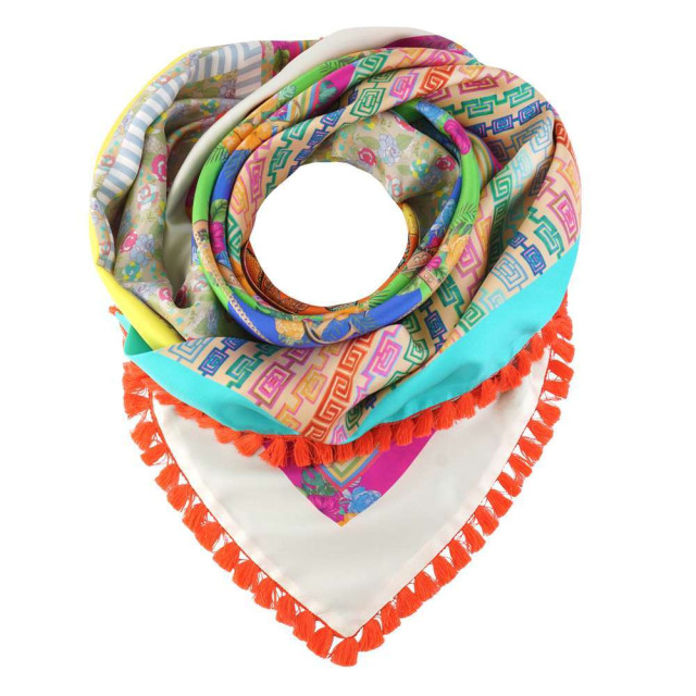 Mucho Gusto Zijden sjaal st. tropez retro patchwork MUCHO GUSTO® Silk Scarf Knokke Multicolor Patchwork Coral Fringes large