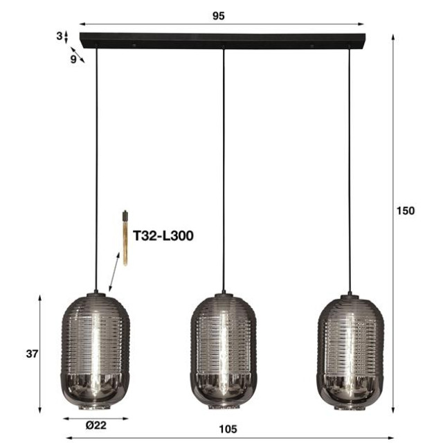 Hoyz Hoyz hanglamp 3l tub chromed glass 2596113 large