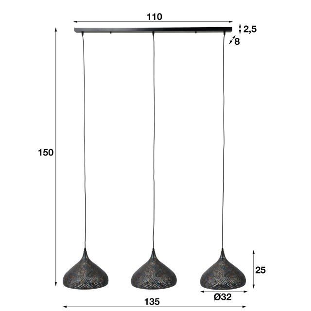 Hoyz Hoyz hanglamp 3xØ32 trechtervormige metalen hanglampen transparant 2061391 large