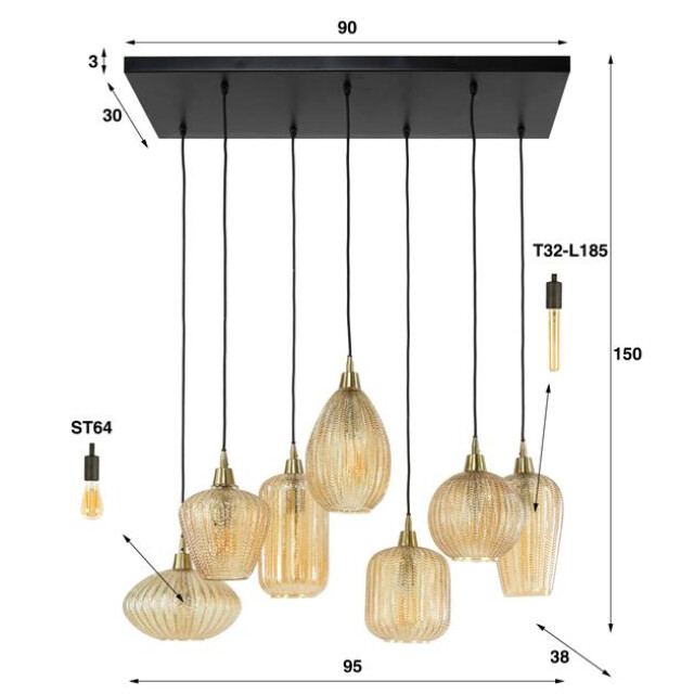Hoyz Hoyz hanglamp pattern 4+3 lampen glass 2596050 large