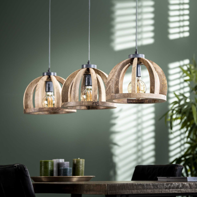 Hoyz Hoyz hanglamp gemaakt van naturel mangohout- 3 lampen gebogen houten spijlen Ø30 stoere look -150cm in hoogte verstelbaar industriële hanglamp voor woonkamer of eetkamer 2061472 large