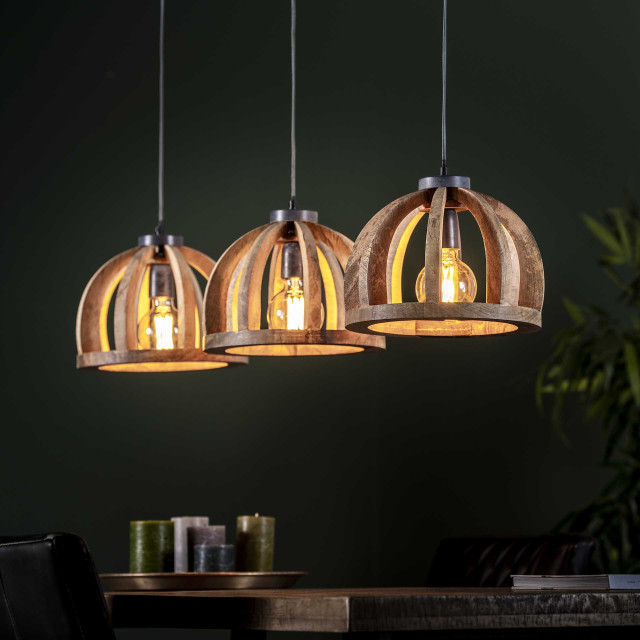 Hoyz Hoyz hanglamp gemaakt van naturel mangohout- 3 lampen gebogen houten spijlen Ø30 stoere look -150cm in hoogte verstelbaar industriële hanglamp voor woonkamer of eetkamer 2061472 large