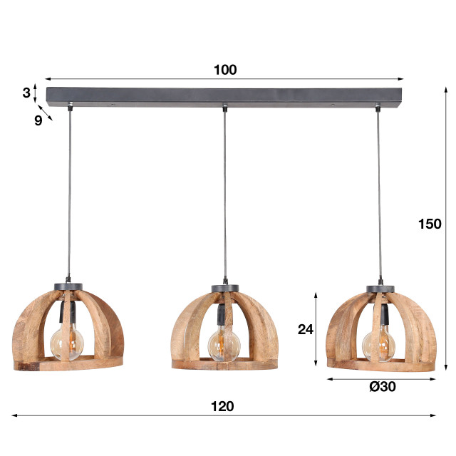 Hoyz Hoyz hanglamp gemaakt van naturel mangohout- 3 lampen gebogen houten spijlen Ø30 stoere look -150cm in hoogte verstelbaar industriële hanglamp voor woonkamer of eetkamer 2061472 large