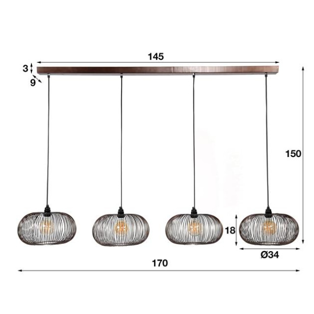 Hoyz Hoyz hanglamp met 4 lampen koper kleurig 150cm in hoogte verstelbaar disk vorm Ø35 industriële hanglamp voor woonkamer of eetkamer 2061475 large