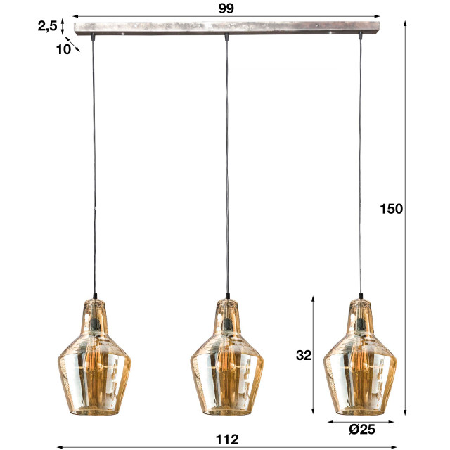 Hoyz Hoyz hanglamp met 3 kegelvormige lampen amberkleurig glas 150cm 2061464 large