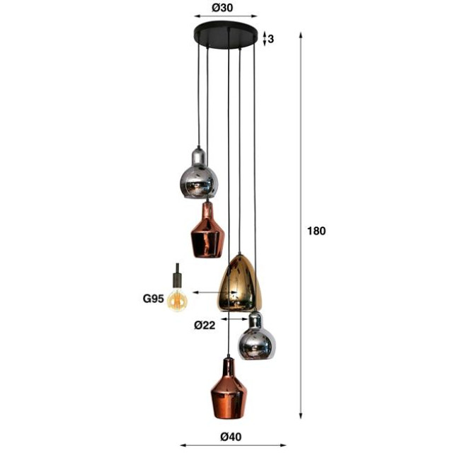 Hoyz Hoyz hanglamp 5l mix glass tricolore getrapt artic 2596053 large