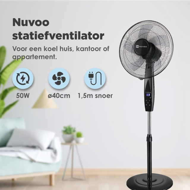 Nuvoo Statiefventilator – diameter 40cm – oscillatiefunctie – 3 standen – energiebesparende timerfunctie (tot 8uur) – afstandbediening – ventilator 2658183 large