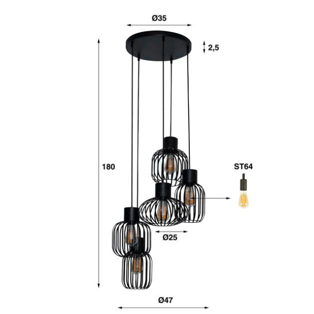 Hoyz Hoyz hanglamp 5l mix getrapt metal donkergrijs 2596069 large