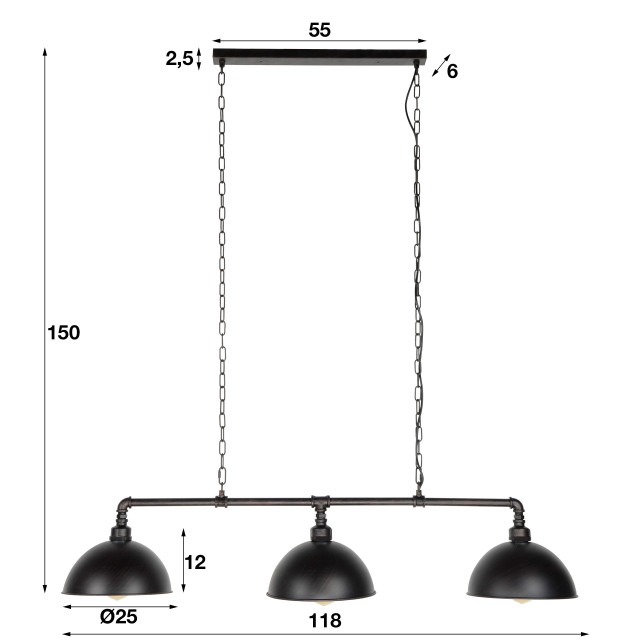 Hoyz Hoyz hanglamp industrial tube 3 lampen halfronde kap /zwart 2061250 large