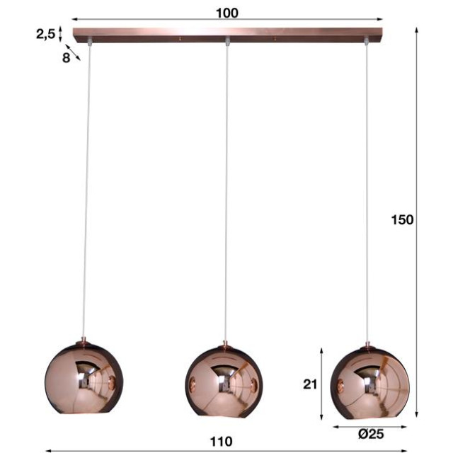 Hoyz Hoyz hanglamp 3 bolvormige hanglampen koperkleurig glas 2061402 large