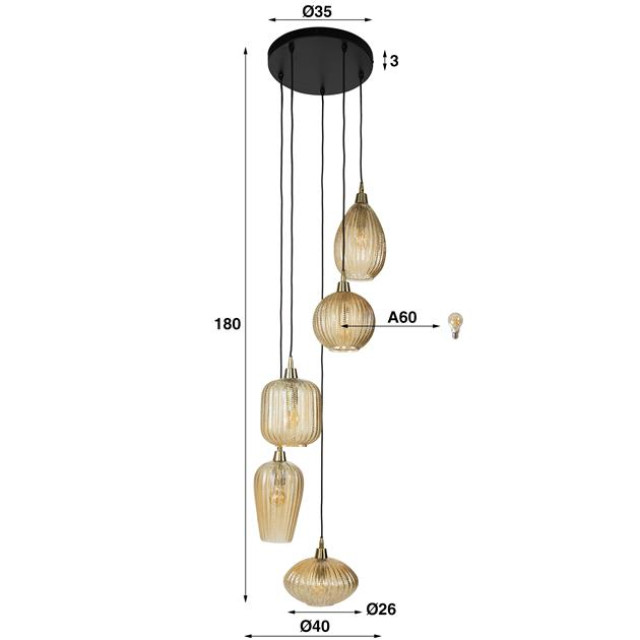 Hoyz hanglamp 5l v-shape pattern getrapt amberkleurig glas 2917033 large