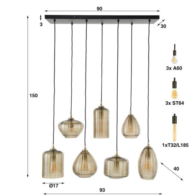 Hoyz hanglamp 4+3 stripe glass horizontal amberkleurig glas 2834813 large