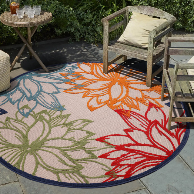 Muratap Binnen en buiten rond vloerkleed floral outdoor laagpolig tapijt 150 cm rond 2012075 large