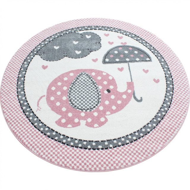 Muratap Kids olifant rond vloerkleed kinderkamer roze / wit laagpolig- 120 cm rond 1129461 large