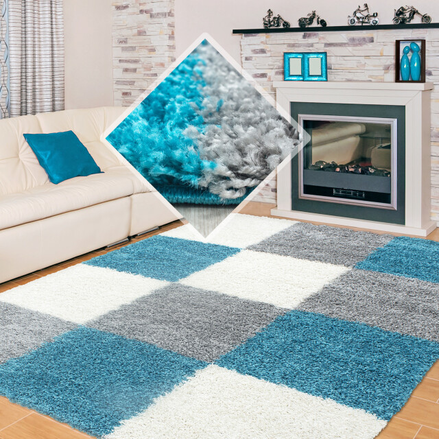 Muratap Basic shaggy geblokt vloerkleed turquoise / wit hoogpolig- 80x150 1128558 large
