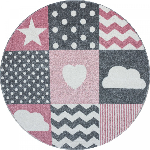 Muratap Kids love rond vloerkleed kinderkamer roze / grijs laagpolig- 160 cm rond 1129423 large