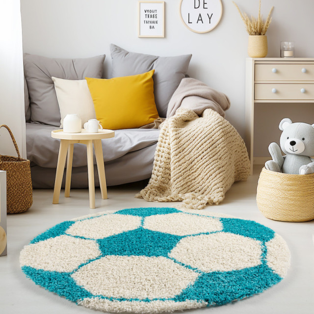 Muratap Fun voetbal kinderkamer rond vloerkleed hoogpolig turquoise wit- 100 cm rond 1282723 large