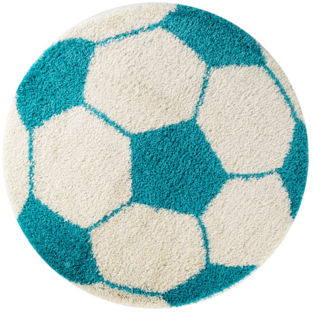 Muratap Fun voetbal kinderkamer rond vloerkleed hoogpolig turquoise wit- 100 cm rond 1282723 large