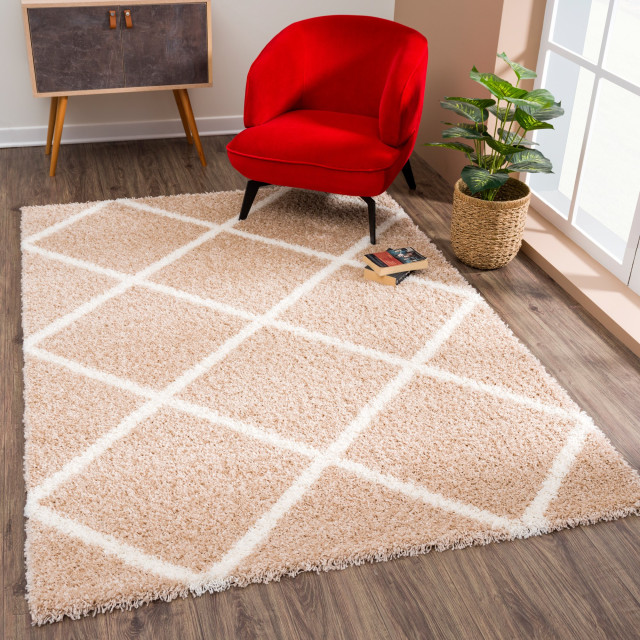 Muratap Madrid shaggy geruit vloerkleed creme hoogpolig- 80x150 cm 1751499 large