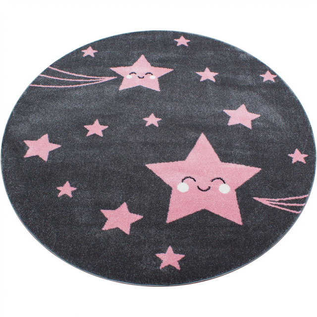 Muratap Kids sterren rond vloerkleed kinderkamer roze / grijs laagpolig- 120 cm rond 1129429 large