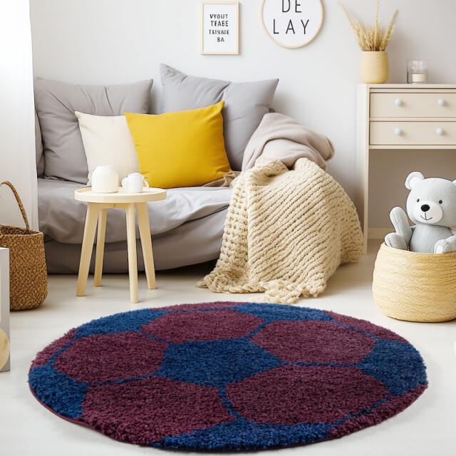 Muratap Fun voetbal kinderkamer rond vloerkleed hoogpolig paars- 100 cm rond 1282729 large