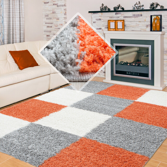 Muratap Basic shaggy geblokt vloerkleed oranje / grijs hoogpolig- 80x250 1128563 large