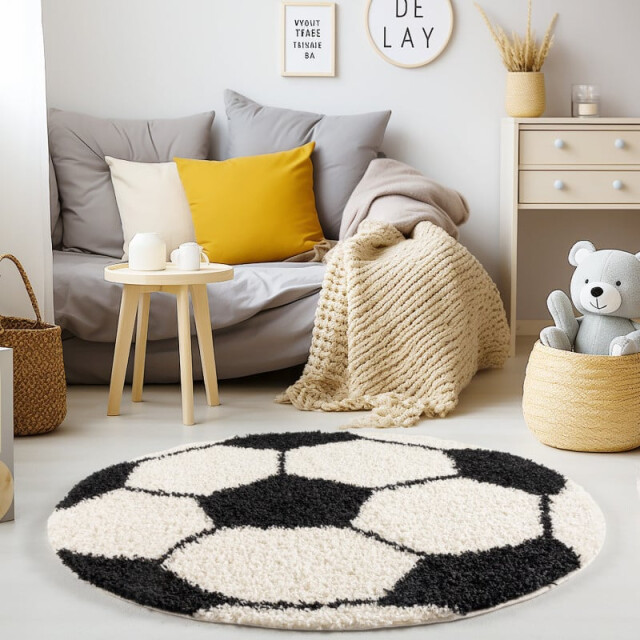 Muratap Fun voetbal kinderkamer rond vloerkleed hoogpolig wit- 120 cm rond 1282732 large