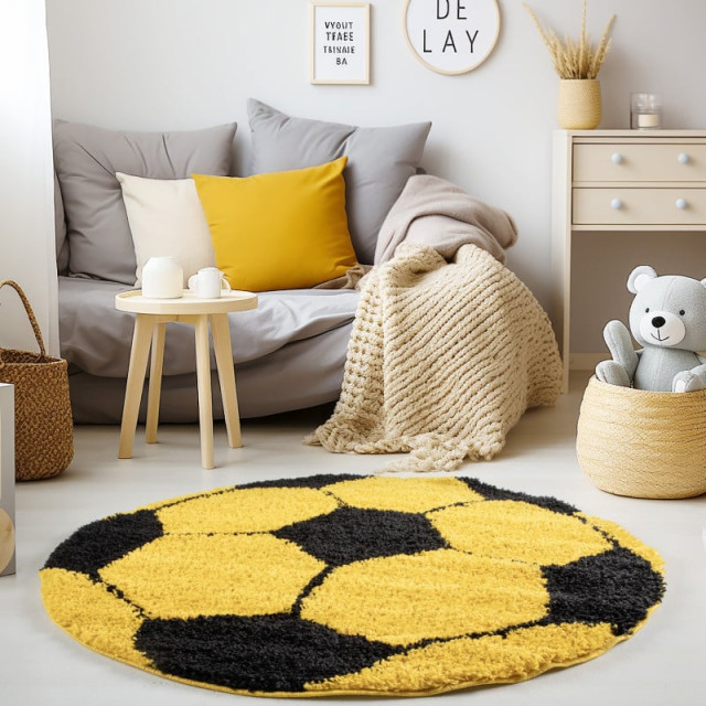 Muratap Fun voetbal kinderkamer rond vloerkleed hoogpolig geel- 100 cm rond 1282721 large