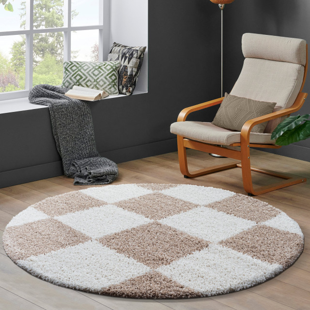 Muratap Milano geblokt hoogpolig rond vloerkleed modern creme- 200 cm rond 2888338 large