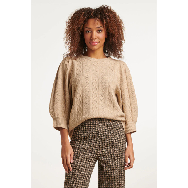 Smashed Lemon 23612 gestructureerde gebreide top met pofmouwen in sand 23612-720-XXL large