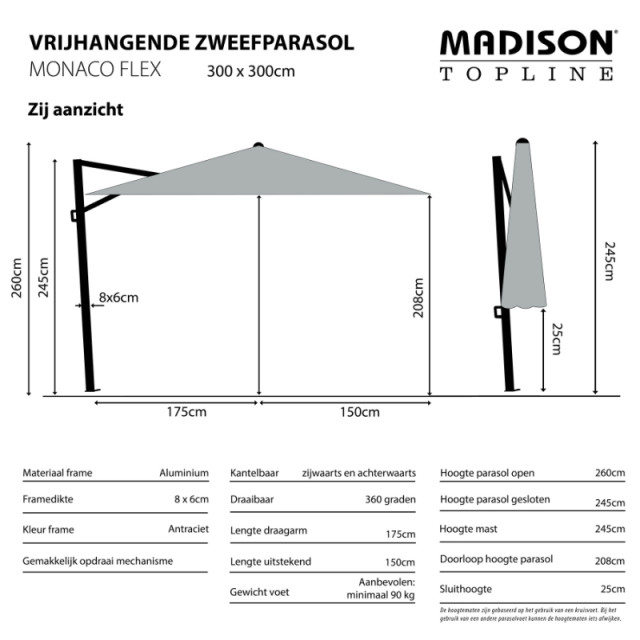 Madison Mega combi deal! parasol monaco flex iii light grey + voet + hoes 2936359 large