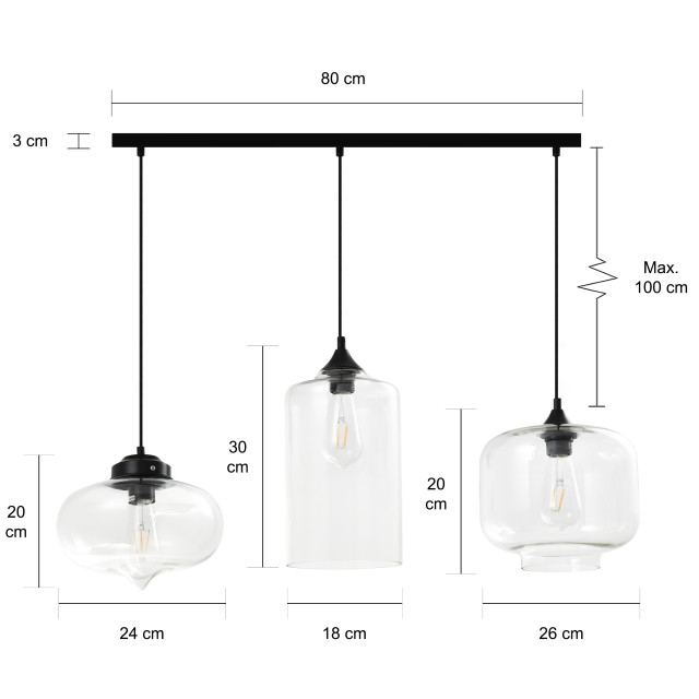 QUVIO Hanglamp glas 3-lichts zwart quv5124l-black 1540302 large