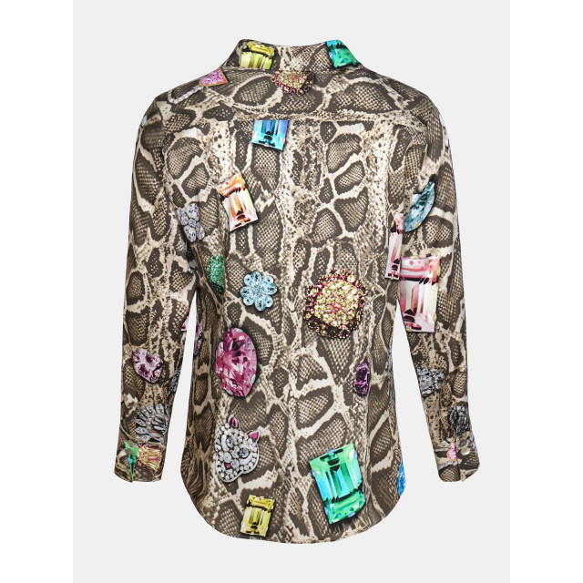 Mucho Gusto Blouse saint-denis in beige slangenprint met kleurrijke broches Blouse Saint-Denis in Beige Slangenprint met Kleurrijke Broches large