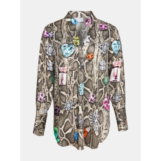 Mucho Gusto Blouse aachen in beige slangenprint met kleurrijke broches Blouse Aachen in Beige Slangenprint met Kleurrijke Broches large