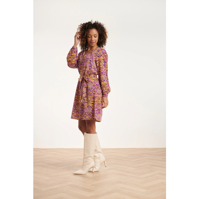 Smashed Lemon 24701 paars en geel v-hals jurk met aztec print 24701-380-150 large