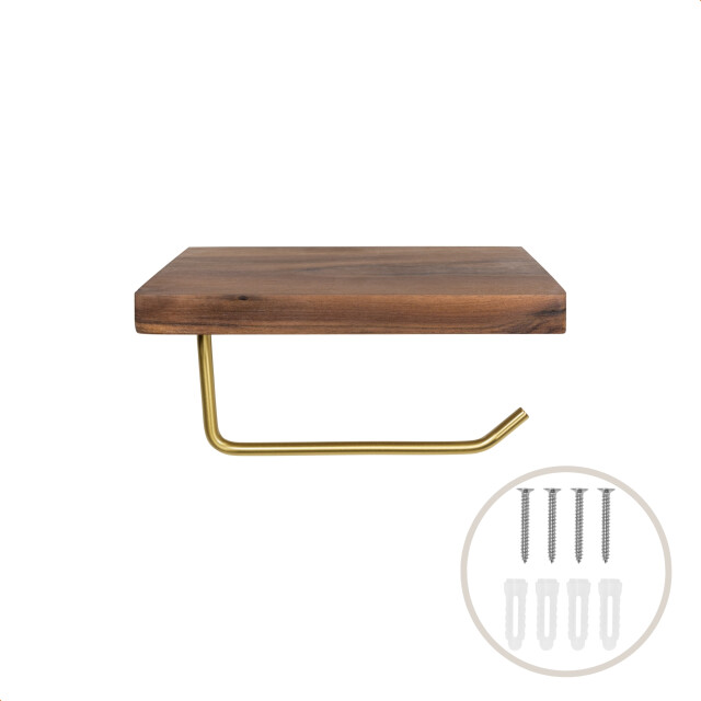 QUVIO Toiletrolhouder metaal met telefoon plank donker hout + goud 1395506 large