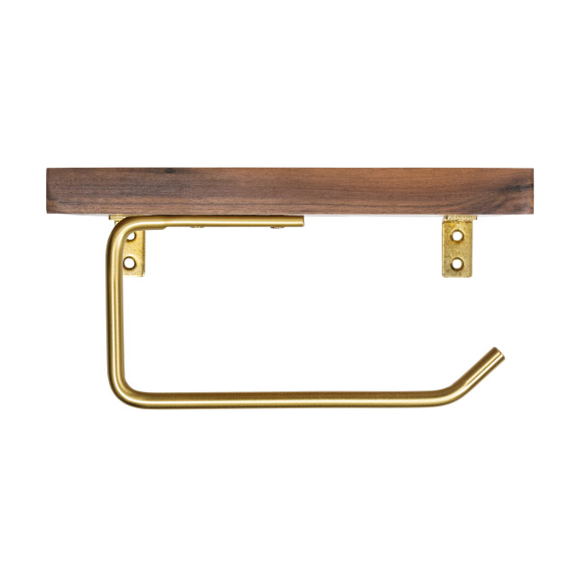 QUVIO Toiletrolhouder metaal met telefoon plank donker hout + goud 1395506 large