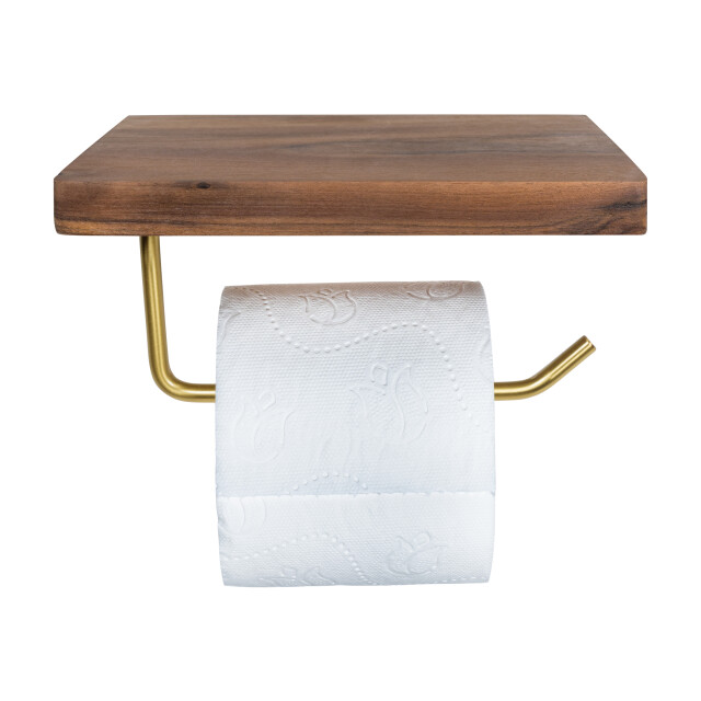 QUVIO Toiletrolhouder metaal met telefoon plank donker hout + goud 1395506 large