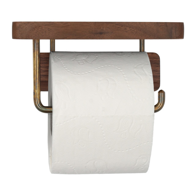 QUVIO Toiletrolhouder met plankje hout en goud metaal 2172968 large