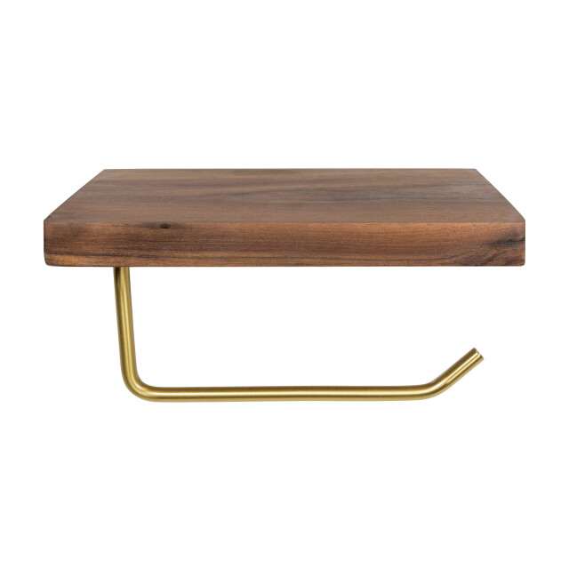 QUVIO Toiletrolhouder metaal met telefoon plank donker hout + goud 1395506 large