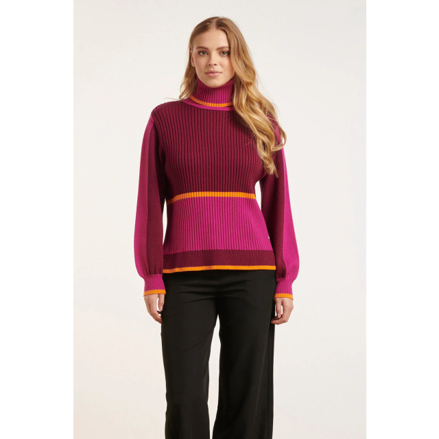 Smashed Lemon 24626 roze rood kleurblok gebreide top met turtle neck 24626-435-470 large