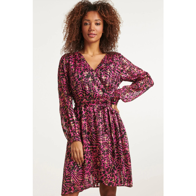 Smashed Lemon 23665 dames chiffon jurk met zwart en fuchsia abstract 23665-445-999 large