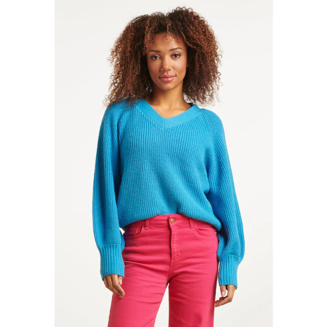 Smashed Lemon 23613 oversized v-hals trui in felblauw gebreide raglan 23613-605-L large