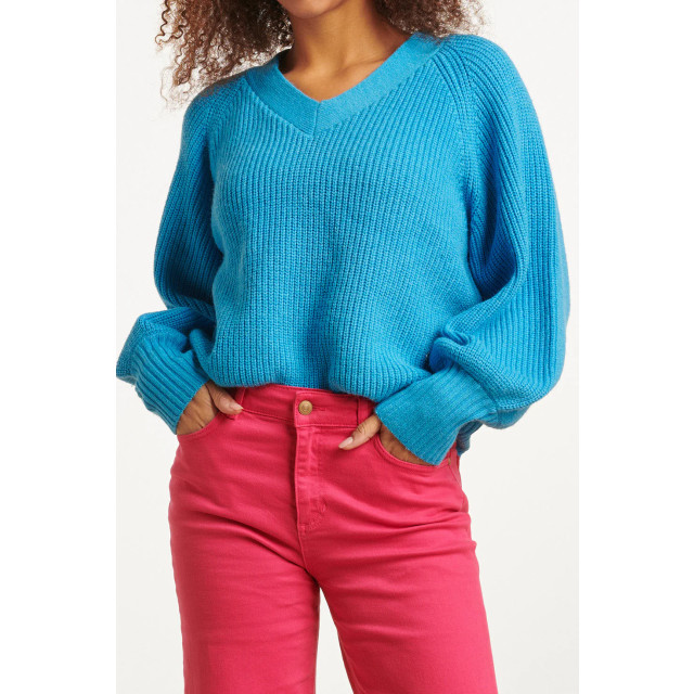 Smashed Lemon 23613 oversized v-hals trui in felblauw gebreide raglan 23613-605-L large