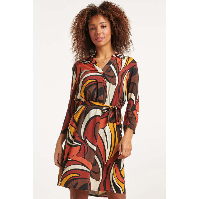 Smashed Lemon 23651 dames jurk met bruin oranje en gele grafisch print 23651-775-998 large