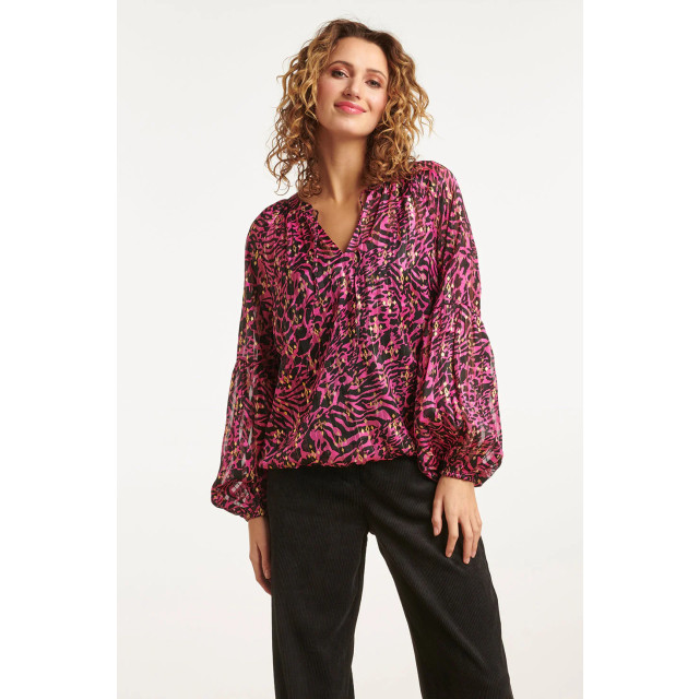 Smashed Lemon 23666 dames chiffon top met zwart en fuchsia abstract 23666-445-999 large