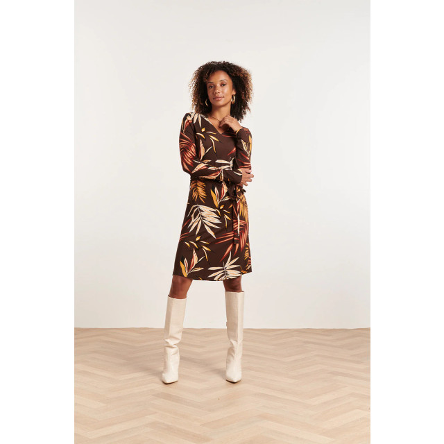 Smashed Lemon 23866 bruine jurk met bladen print, lange mouwen en 23866-998-XS large